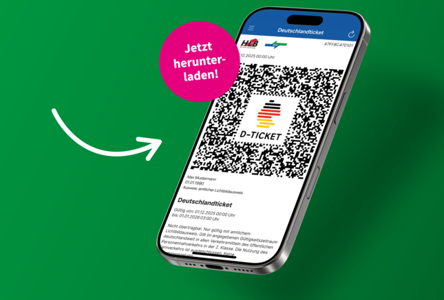 Ein Smartphone zeigt ein digitales Deutschlandticket mit QR-Code auf dem Display. Daneben weist ein Pfeil auf das Gerät, darüber steht in einem pinken Kreis „Jetzt herunterladen!“ vor grünem Hintergrund.